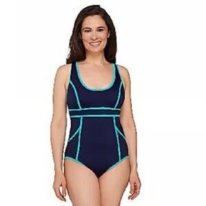 Spanx Hourglass Racerback One-Piece Swimsuit Womens 12 Navy Blue Turquoise Trim
